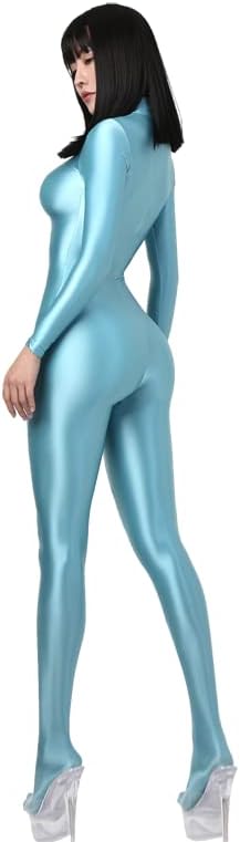 Women Oily one-piece Swimsuit Silky Pantyhose Wetsuit Long sleeve Yoga Pants bathing suits Glossy bodysuit smooth