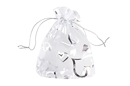 Image of 100 pcs 3.5 x 4.7 Inch Flower Heart Organza Jewelry Gift Pouch Candy Pouch Drawstring Wedding Favor Bags X92 (all white with white heart)