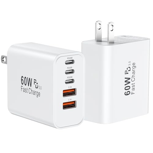 USB C Fast Charger Block, 60W USBC Wall Charger Plug, 2Pack 5-Port Type C Phone Charging Cubes Power...