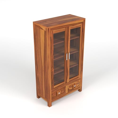 Image of Solid Sheesham Wood Book Cabinet with Acrylic Glass Doors | Rosewood Display Storage Unit with Shelves & Drawers for Home & Office (B-Honey Finish)