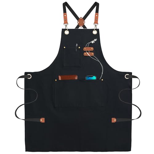 umboom Aventais de cozinha pretos, lona avental para homens e mulheres com alça ajustável e 3 bolsos, chef empregados de mesa trabalho jardim restaurante café bar, costas cruzadas