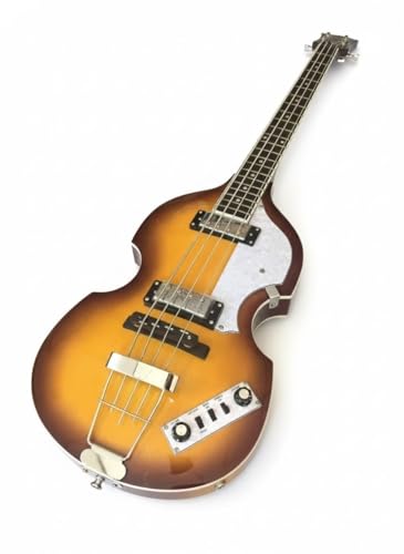 Violin Electric Bass Guitar 4 String 41 Inch Short Scale - Hollow Basswood Body with Flame Maple Appearance & Neck(Brown)