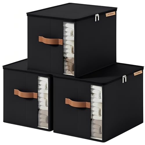 Image of JD FRESH Fabric 3 Pcs 30 Liters Cloth Organizer For Storage /Foldable Box With Handles /Almirah Organizer With Transparent Window /Wardrobe Organizers For Clothes /Sarees /Blankets /Bedsheets,Black