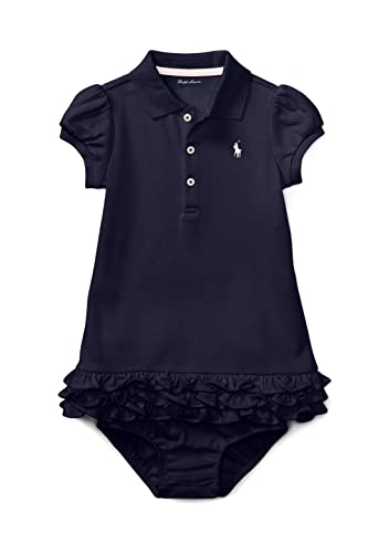 Polo Ralph Lauren Baby Girls Ruffled Polo Dress and Bloomer 2 Piece Set (F_Navy(1007), 12 Months)