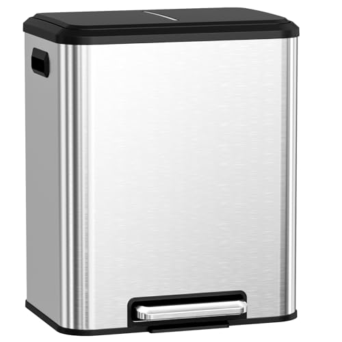 LIFERUN Mülleimer 2 Fächer, Mülltrennsystem 2 x 15 L,Abfalleimer Küche aus Metall, Softclose Deckel, Inneneimer Abnehmbar mit Griffe,Doppelfach Treteimer,für Single-Wohnung,Edelstahl,Silber