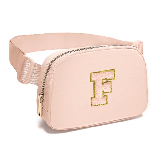 Image of Gitus Gifts for 8 9 10 11 12 Year Old Girls Belt Bag Fanny Pack Crossbody Bags with Initial Letter Patch Cute Stuff Birthday Gifts for Teen Girls Women Personalized Trend Stuff (Coral Pink-F)