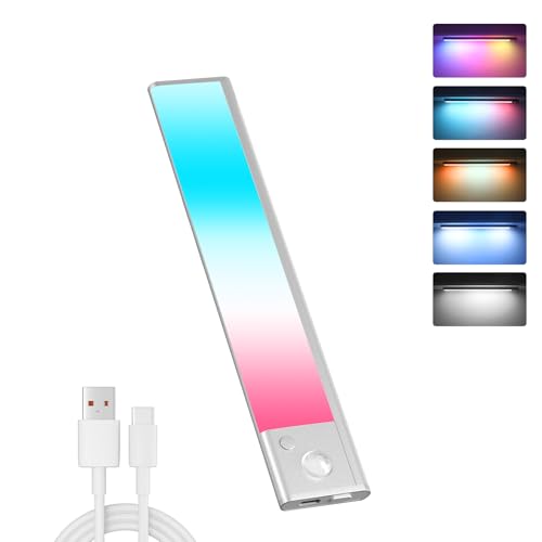 Milpoel Luces RGB para debajo del gabinete, 5 colores regulables con sensor de movimiento, luz nocturna recargable USB-C con tira magnética para cocina, armario, escaleras (RGB- 1 paquete, 23 cm)