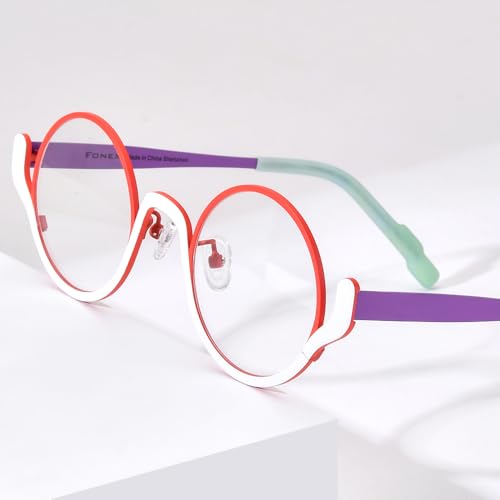Image of FONEX Colorful Pure Titanium Glasses Frame Women Retro Round Eyeglasses