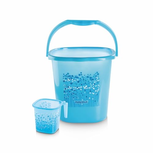 Image of Nayasa Square Ring Funk Plastic Bucket Set for Bathroom | Bucket and Mug (18 Liters & 1.5 Liters) | Bathroom Set of 2 | Bathroom Accessories Set | Bathroom Bucket Set | Blue
