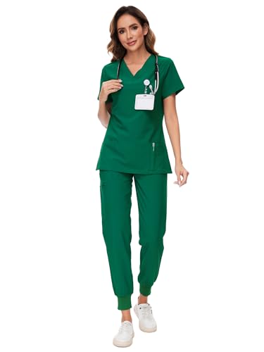 COZYFIT Scrubs for Women Set - Stretch V-Neck Scrub Top & Jogger Pant with 8 Pockets Yoga Waistband Anti Wrinkle Slim Fit Women Scrubs