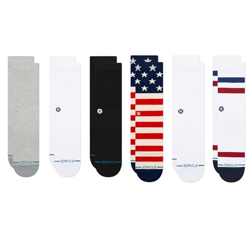 Stance Crew 6-Pack Bundle, Icon and Americana, Cotton Blend and Cushioning Arch Support, Large