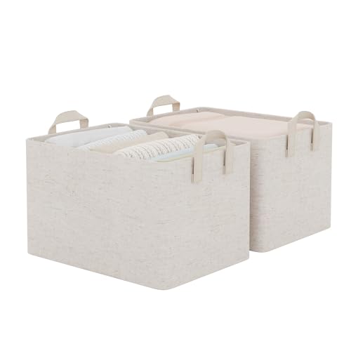 StorageWorks Storage Bins, Shelves Baskets for Organizing, Large Fabric Closet Organizers with Handles, Metal Frame, Beige-Cotton-linen, 2-Pack