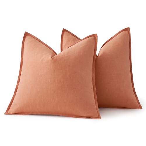 Image of MIULEE Decorative Linen Pillow Covers 18x18 Inch Coral Boho Farmhouse Neutral Spring Couch Throw Pillows for Bed Pack of 2 Accent Modern Pillowcase Summer Sofa Livingroom Home Decor