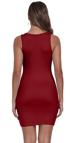 Image of Qaffier Women's Mini Dress Summer Tank Dress Ribbed Crew Neck Sleeveless Basic Bodycon Mini Dresses
