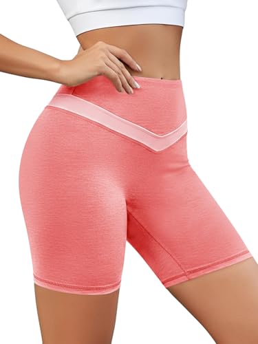 Aoysky Womens 6" High Waisted Buttery Soft Biker V-Shaped Color Block Shorts Butt Lifting Seamless Workout Shorts Pink