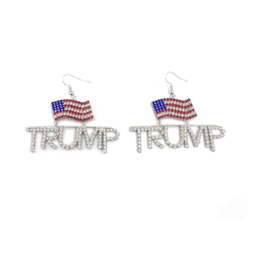 4th of July American Flag Patriotic Jewelry Dangle Earrings with Rhinestones Funny Donald Trump Gifts Hook Earrings (silver)
