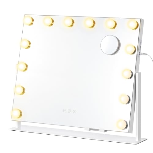 SONGMICS Espejo de Maquillaje con Luz, Control Táctil, 14 Bombillas LED Regulables, Puertos de Carga, 3 Temperaturas Color, Soporte Teléfono, 50 x 42 cm, Blanco Mate LWM007WC02
