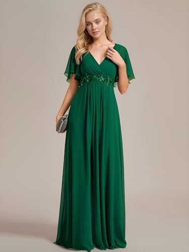 Image of Ever-Pretty Women's Spring Short Sleeve Bridesmaid Dresses V-Neck Chiffon Ruched Empire Waist Appliques Long Formal Dress