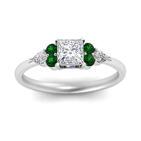 GemsOnClick Accented Engagement Ring Sterling Silver Created Emerald Princess Shape Side Stone Engagement Rings Basket Setting Dimensione T Minimal Modern Design Birthday Gift Wedding Gift Cover