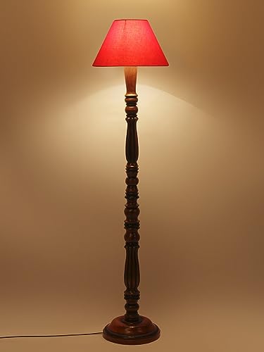 Image of Floor Lamp with Wooden Base - Height 55 inch, Orange | Modern Standing Lamp for Living Room, Bedroom & Office | Stylish & Elegant Home Lighting Decor | Tall Decorative Lamp