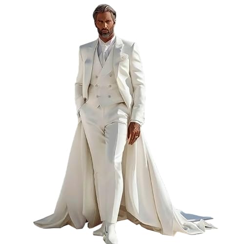 Men Formal Suit with Floor Length Cloak 3 Pieces Long Blazer Vest and Pants Satin