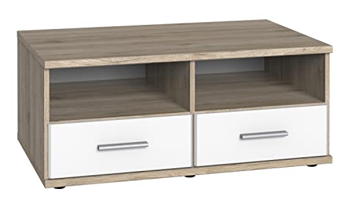 PEGANE Meuble TV Bas Coloris Imitation chêne San Remo, rechampis Blanc - Longueur 92 x Hauteur 38 x Profondeur 58 cm