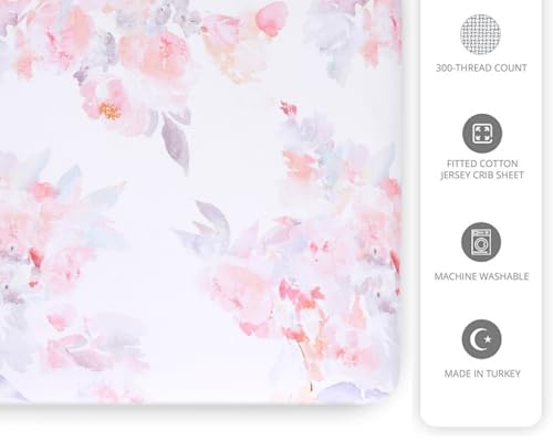 Image of Oilo Crib Sheet, Breathable 100% Turkish Cotton Fitted Jersey, 300 Thread Count, Machine Wash, Fits Standard Crib (28 inch x 52 inch x 6 inch), Toddler Bedding, Girl, Boy, & Neutral Nursery Design, Prim Floral