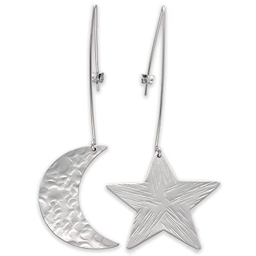 Emmanuela Big Star & Crescent Moon Earrings Handmade from Gold Plated 925 Sterling Silver - Totally Handmade Drop Dangle Statement Large Mismatched Hypoallergenic Earrings3