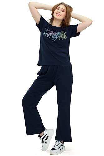 Image of ZEYO Women's Cotton Typography Wide Bottom Night Suit Set of Top & Pajama Set
