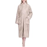 PAVILIA Womens Zip Up Robe with Pockets, Long Fleece Housecoat for Women, Plush Warm Zipper Robe Bathrobe with Satin Trim, Soft Cozy Full Length Lounger House Coat, Beige Taupe (Large/X-Large)