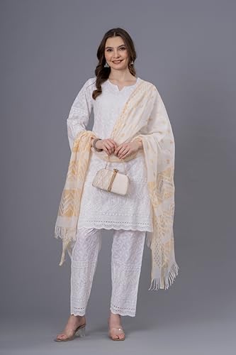 LONIX Women's White Chikankari Kurta Set – Hand Embroidered Cotton Kurti Pant & Dupatta – Traditional Indian Tunic Dress3