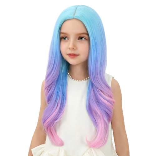 Image of Rainbow Wig for Kids Girls Long Colorful Wavy Curly Wig Children Multi Color Middle Part Wigs Heat Resistant Synthetic Wigs with Cap