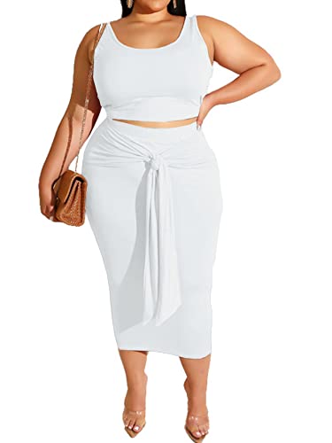 Plus Size Women 2 Piece Outfits Sets Sexy Tracksuit Midi Dress,Sleeveless Tank Top Bodycon Skirts Set Casual Summer