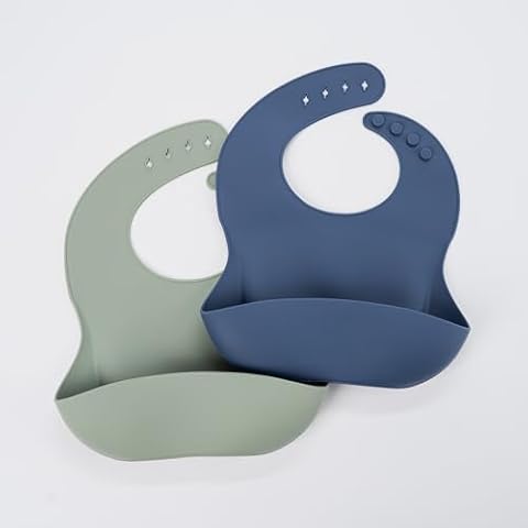 Silicone Bib 2 Pack: Non-Toxic,Food-Grade, Waterproof, Adjustable Neck Band & Pouch Catcher, Easy-Clean for Toddlers & Babies (Green/Blue Sky) Cover