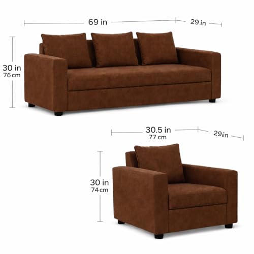Image of Wood 3+1+1 Sofa Set 5 Seater | Velvet Fabric Upholstery | Wooden Frame Sofa Set with 3 Seater & 2 Single Chairs for Living Room, Home & Office (Brown)