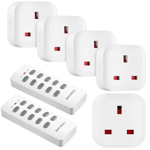 SURAIELEC Remote Control Plug Socket UK, 100Ft Wireless Light Switch, 13A/3120W Heavy Duty Remote Control Plug, Energy Saving Sockets for Home and Mobility Needs, 5-Socket with 2 Remotes