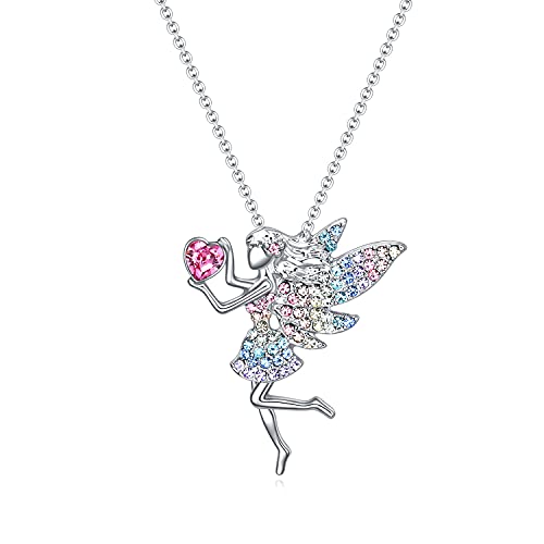 SUMFAN Fairy Necklace for Teen Girls,Birthstone Pendant Gift for Girls White Gold Plated Austrian Crystal Jewelry Gift (Rainbow)
