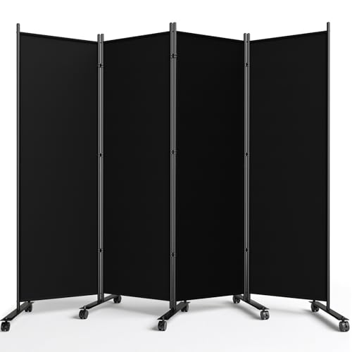 WELDUN 4 Panel Room Divider 183CM Folding Privacy Screens with Lockable Wheels, Room Partition for Room Separator, Freestanding Portable Fabric Wall Dividers, Black, WxH 223.5x183 cm