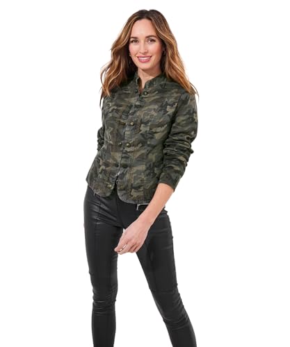 Veste femme haut de gamme à broderies florales sur fond camouflage
