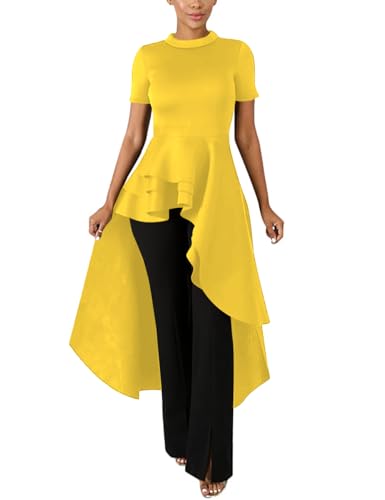 Image of Lrady Womens Casual Shirt Dress High Low Irregular Ruffle Hem Blouse Asymmetrical Peplum Long Tunic Tops