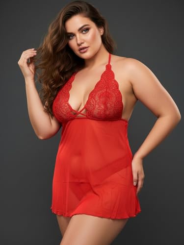 Image of Xs and Os Women's Polyester Spandex Mix & Lace Solid Midi Babydoll Lingerie with Panty