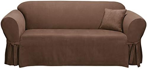 SureFit Home Decor Soft Suede Box Cushion Sofa One Piece Slipcover, Relaxed Fit, Polyester, Machine Washable, Chocolate Color