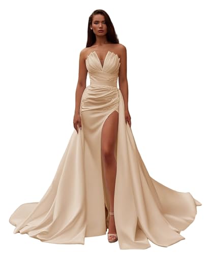 Zeeyecie Strapless Satin Wedding Dresses 2025 V-Neck Mermaid Lace Applique Sparkly Bridal Gown with Detachable Train