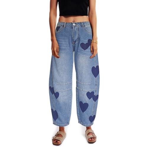Barrel Jeans for Women Mid Rise Heart Printed Denim Ankle Pants Vintage Baggy Boyfriend Jeans