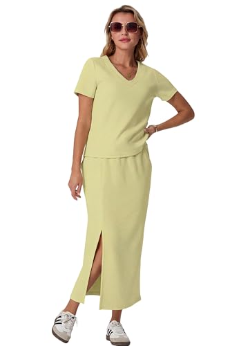Image of GRECERELLE Women Summer Casual 2 Piece Sets V-Neck Wrinkle-Free Top & Elastic Waist Midi Side Slit Skirt with Pockets
