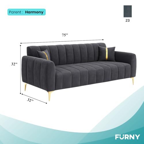 Image of FURNY Harmony 3 Seater Velvet Fabric Sofa Set (Dark Grey) with Golden Finish Legs & Premium Velvet Finish | Durable & Comfortable | Ideal for Living Room