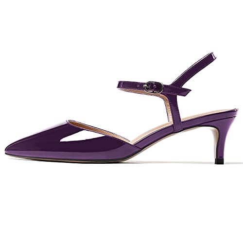 MODENCOCO Women's Pointed Toe Slingback Patent Leather Ankle Strap Kitten Low Heel Pumps Evening Dress Shoes 2 Inch