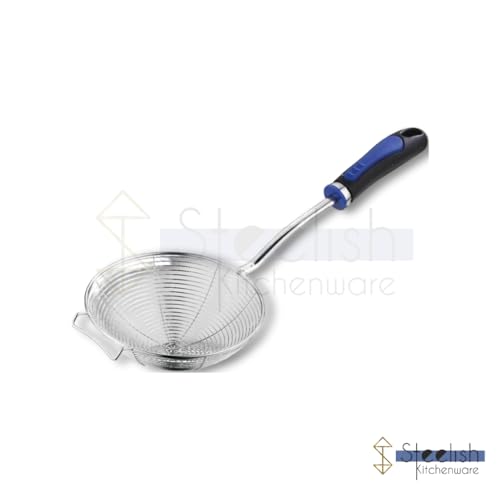 Image of Stainless Steel Jhara for Frying Big Size | Deep Fry Mesh Skimmer Spoon for Frying | Wire Skimmer, Puri Strainer, Cooking Oil Strainer for Kitchen, Durable Long Blue Handle - 14CM