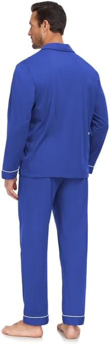 COLORFULLEAF Men's 100% Cotton Pajama Set Long Sleeve Button Down Top & Pants Soft Breathable Loungewear with Pockets(Cobalt Blue,L) - Image 4