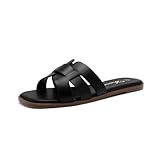 Athlefit Women's Black Flat Sandals Fashion Square Open Toe Dressy Summer Slip On Leather Slide Sandals Size 8